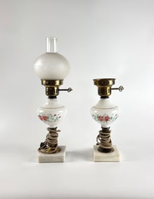 Electrified Brass and Milk Glass Oil Lamps with Marble Bases