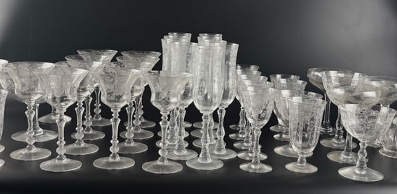 40 Pieces of Etched Glass Stemware Assorted Patterns and Makers