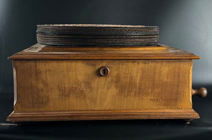 Polyphon Music Box with Wooden Cabinet and Metal Discs