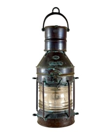 Large Antique Ship Lantern with Fresnel Glass