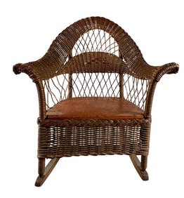 Victorian Wicker Children’s Rocking Chair with Wooden Seat