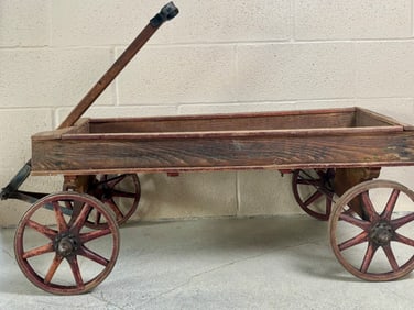 Wooden Pioneer Coaster Wagon with Red Spoked Wheels