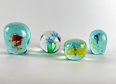 Four Art Glass Paperweights With Embedded Floral Designs