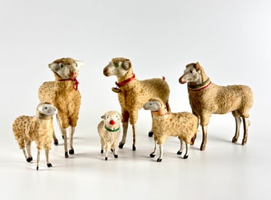 Six German Putz Sheep Figures with Painted Details