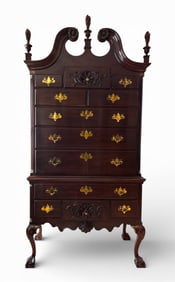 Henkel Harris Mahogany Chippendale Highboy Chest of Drawers with Carved Details