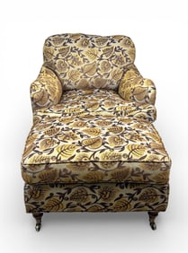 Stickley Armchair and Ottoman With Floral Upholstery