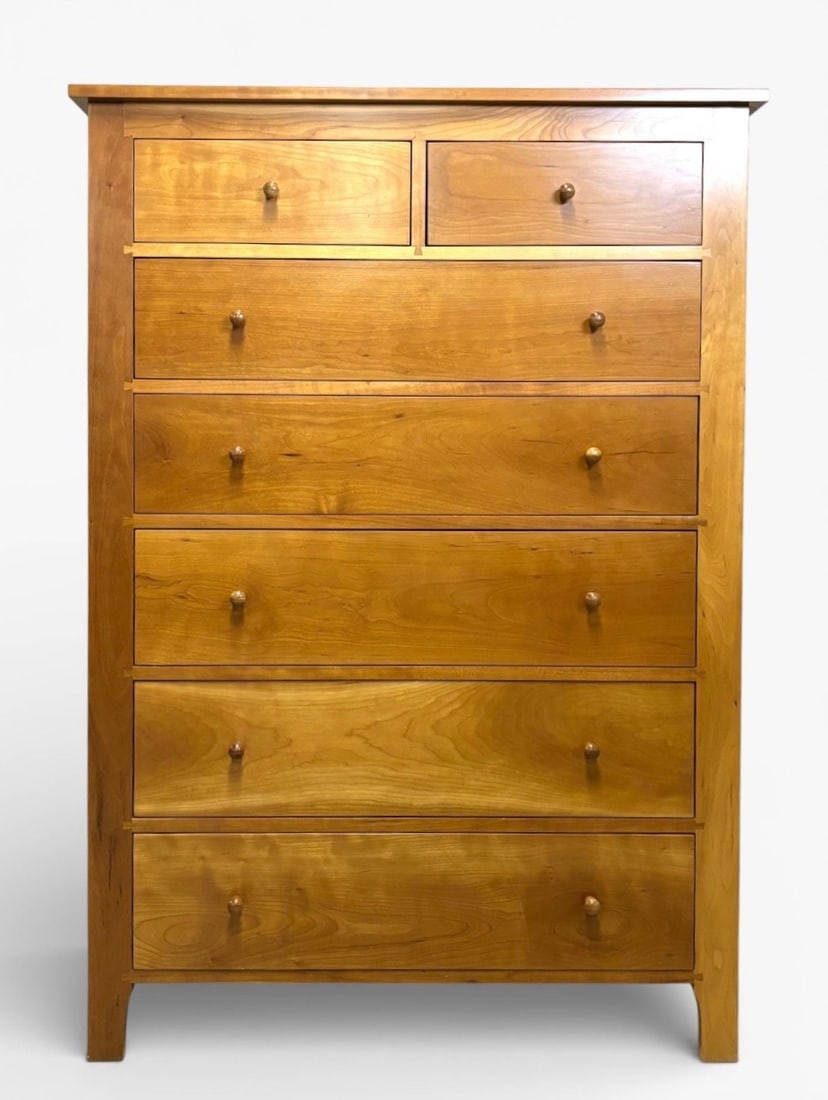 Harden Furniture Transitions Cherry Shaker Tall Chest: Harden Transitions cherry Shaker tall chest featuring seven drawers, two smaller top drawers and five graduated drawers below. Constructed of solid cherry wood with dovetail joints and a natural wood