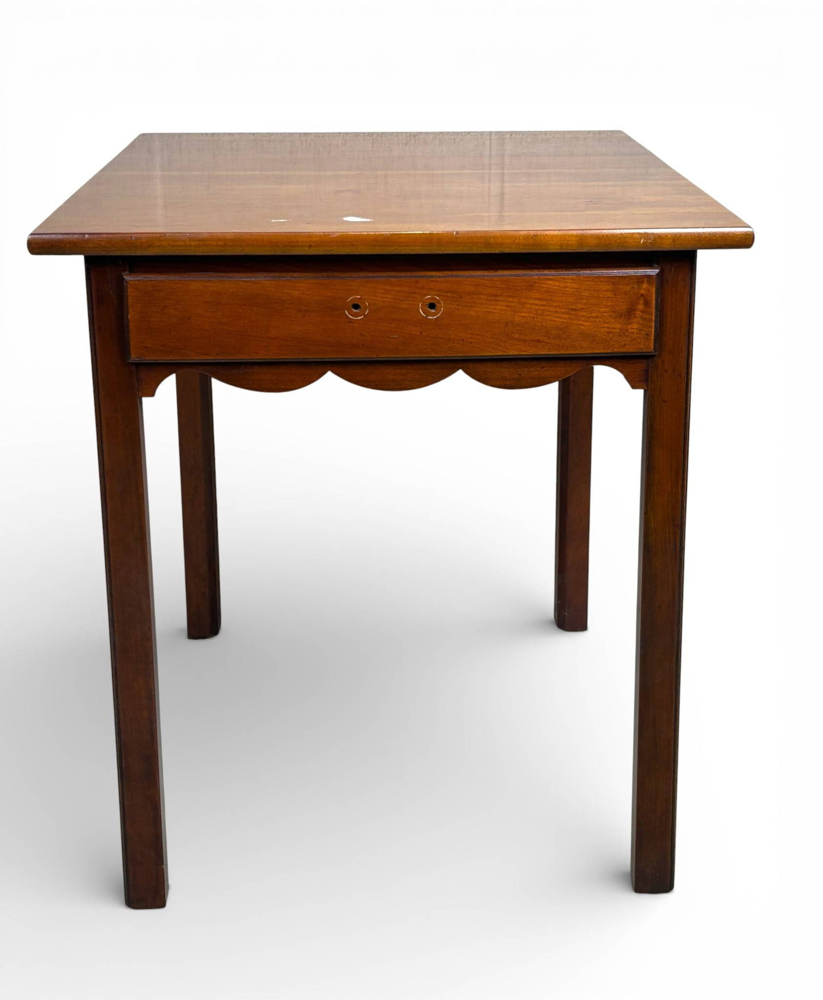 Adams County Collection Wooden Side Table with Scalloped Apron: Wooden side table from the Adams County Collection, characterized by a rectangular top, single drawer with a scalloped apron, and straight legs. The drawer includes oval brass hardware that is unattac