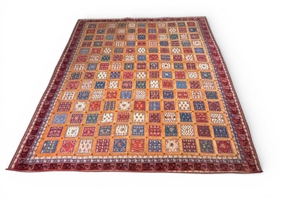 Handwoven Persian Qashqai Wool Rug with Khesti Layout 9.5 x 9