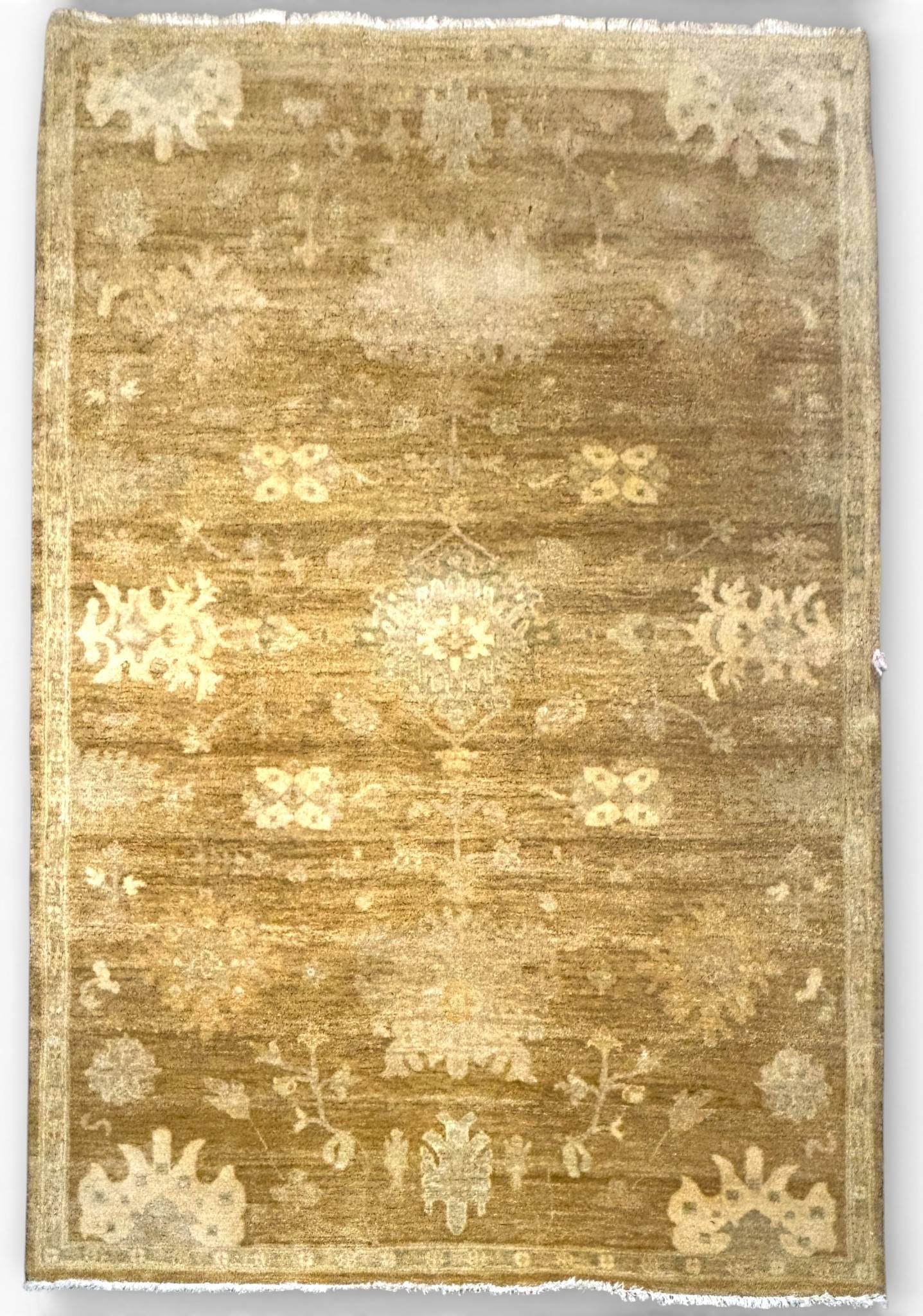 Fine Handwoven Iranian Oushak Carpet 4.5 x 8: Handwoven Iranian Persian carpet crafted in a workshop tradition, showcasing an Oushak inspired aesthetic with a Persian interpretation. Features a warm golden abrash toned field with stylized palmett