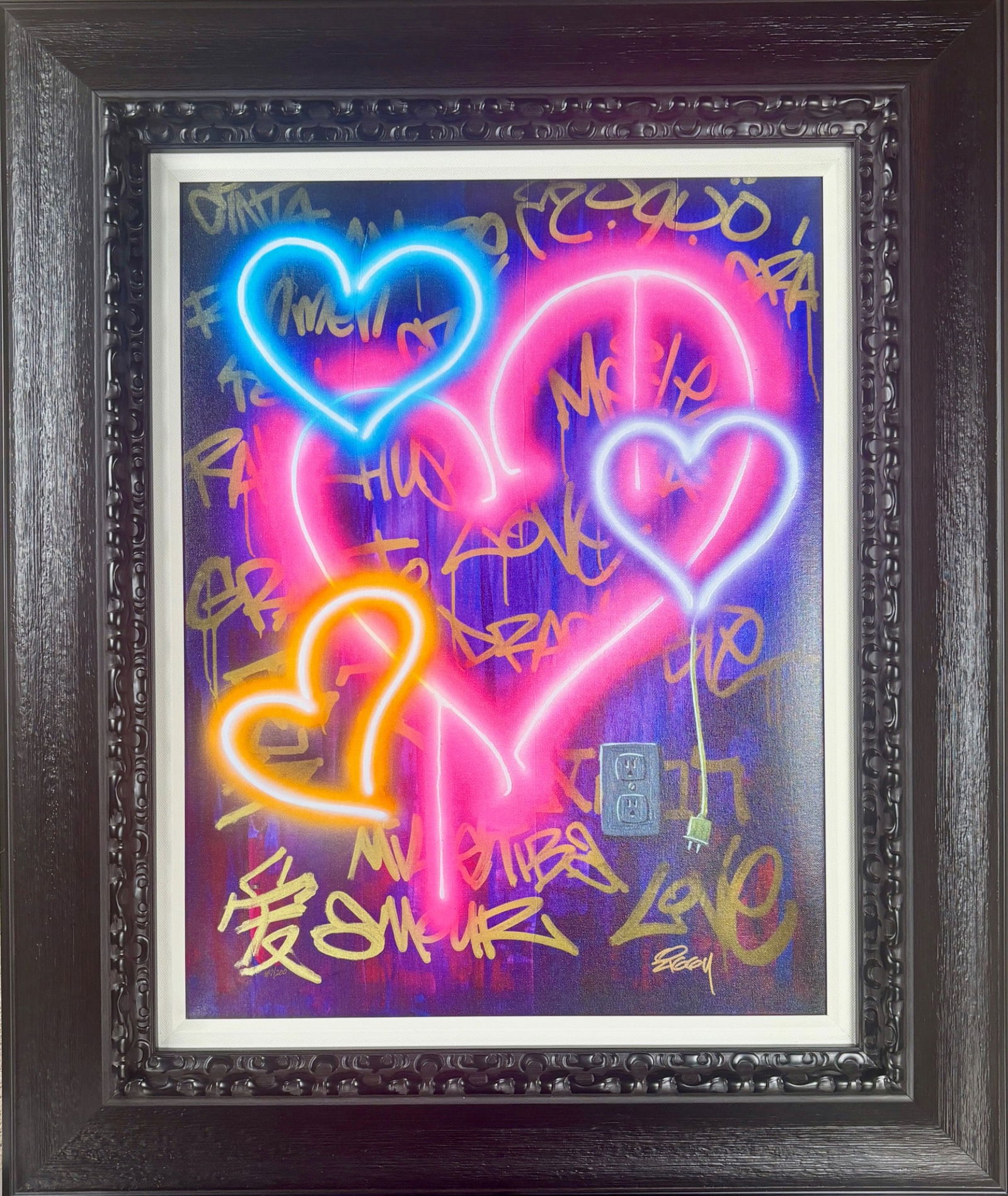Ziggy. Powered by Love. 2023. Hand Signed Giclee on Canvas: Giclee on canvas artwork titled Powered by Love, created in 2023 by artist Ziggy. Features vibrant neon heart motifs with hand applied embellishments over graffiti style backgrounds. Signed by the art
