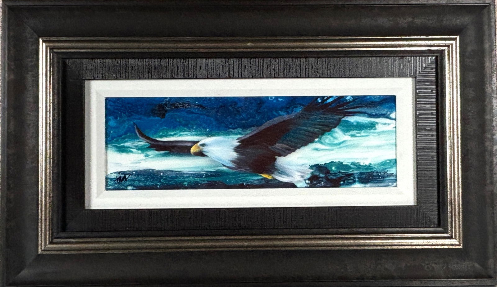 Ashton Howard Freedom Dye Sublimation on Aluminum: Ashton Howard’s Freedom, a dye sublimation on aluminum art piece showcasing a bald eagle in flight over an abstract ocean background. Signed by the artist in the lower left corner and marked as a li