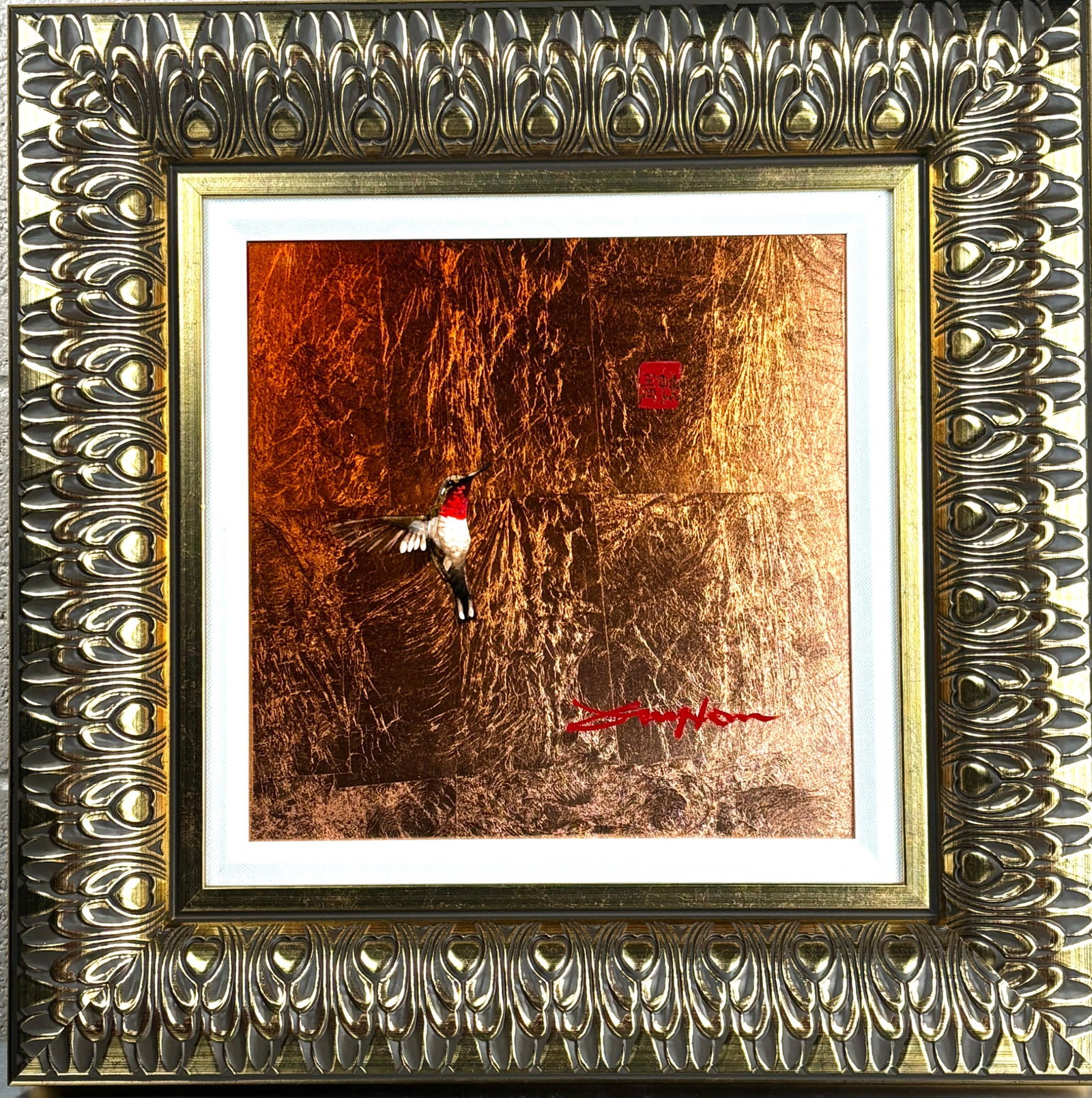 Patrick Guyton. Peanut with Red Chop. Mixed Media on Aluminum: Media artwork by Patrick Guyton titled Peanut with Red Chop. Features a depiction of a hummingbird against a textured copper leaf background with vibrant colors and red artist signature. Includes intr