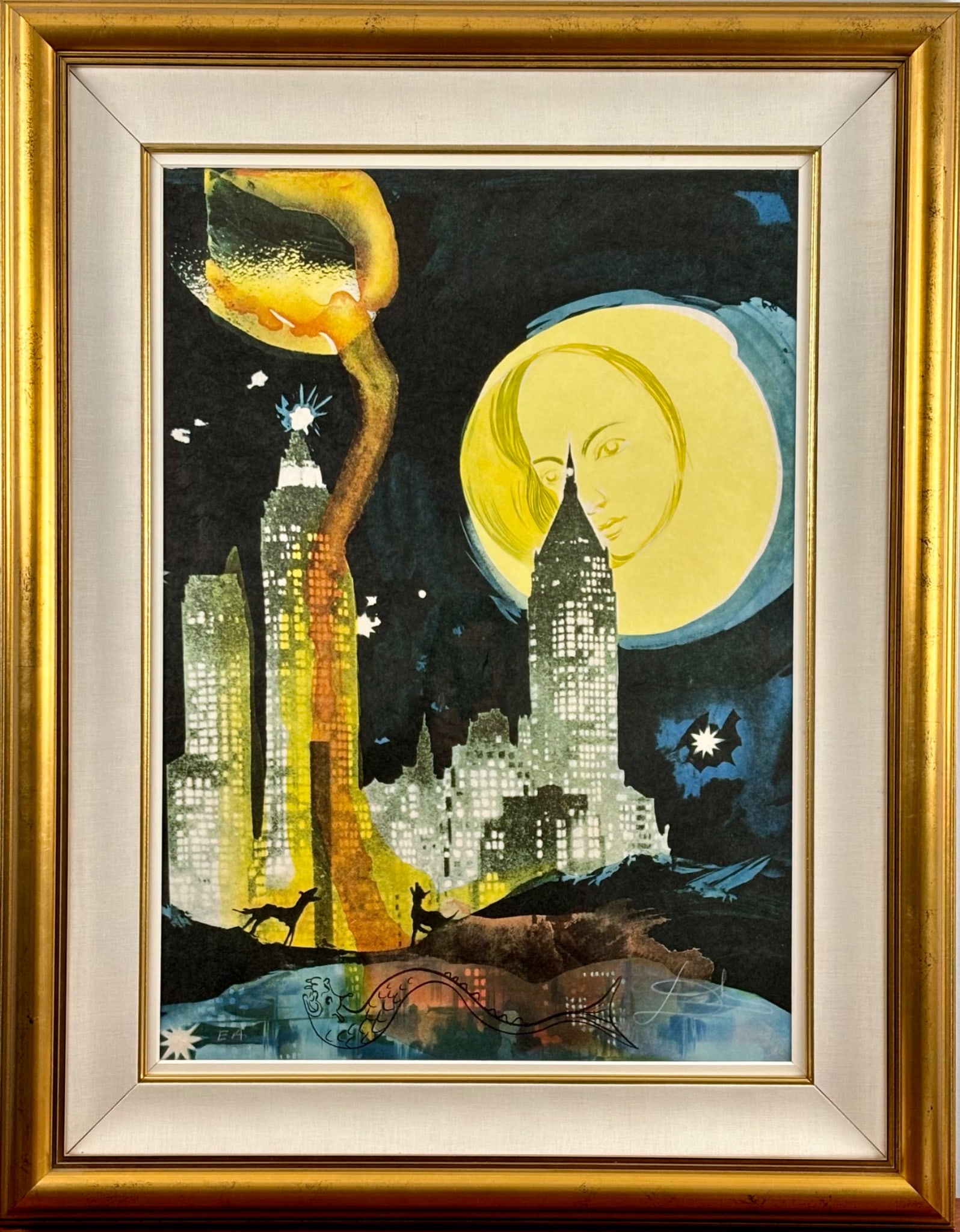 Salvador Dali Manhattan Skyline EA Lithograph, Signed with Remarque: Coloured lithograph with remarque titled Manhattan Skyline by Salvador Dali. EA Epure d Artiste edition on japon paper, published by Levine and Levine, New York from an edition size of 290. Pencil sig