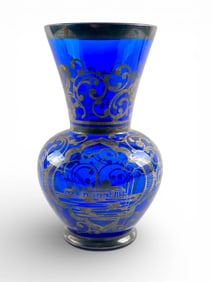 Bohemian Cobalt Glass Vase with Silver Deposit, Circa 1900