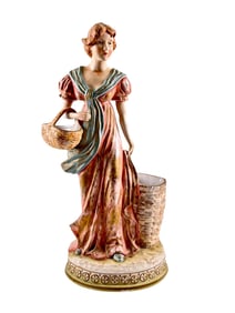 Hand Painted German Ceramic Figurine of Woman with Baskets