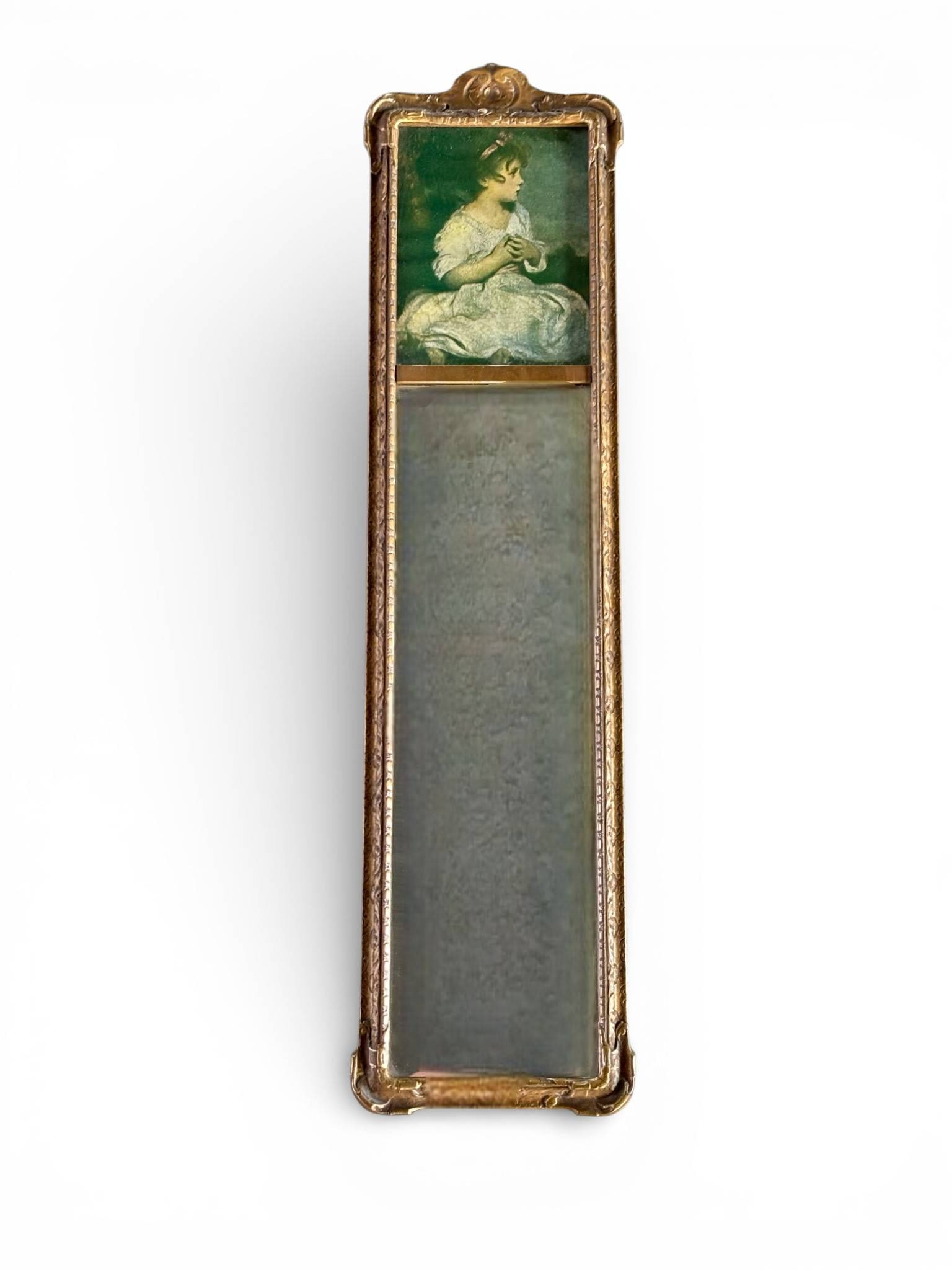 Early 20th Century Federal Revival Wall Mirror: Federal Revivals tyle wall mirror dating to the early 20th century. The mirror features a rectangular vertical frame with ornate gilded detailing, including scrollwork and floral motifs. The upper sec