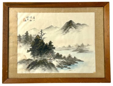 Framed Japanese Watercolor Landscape on Silk with Calligraphy