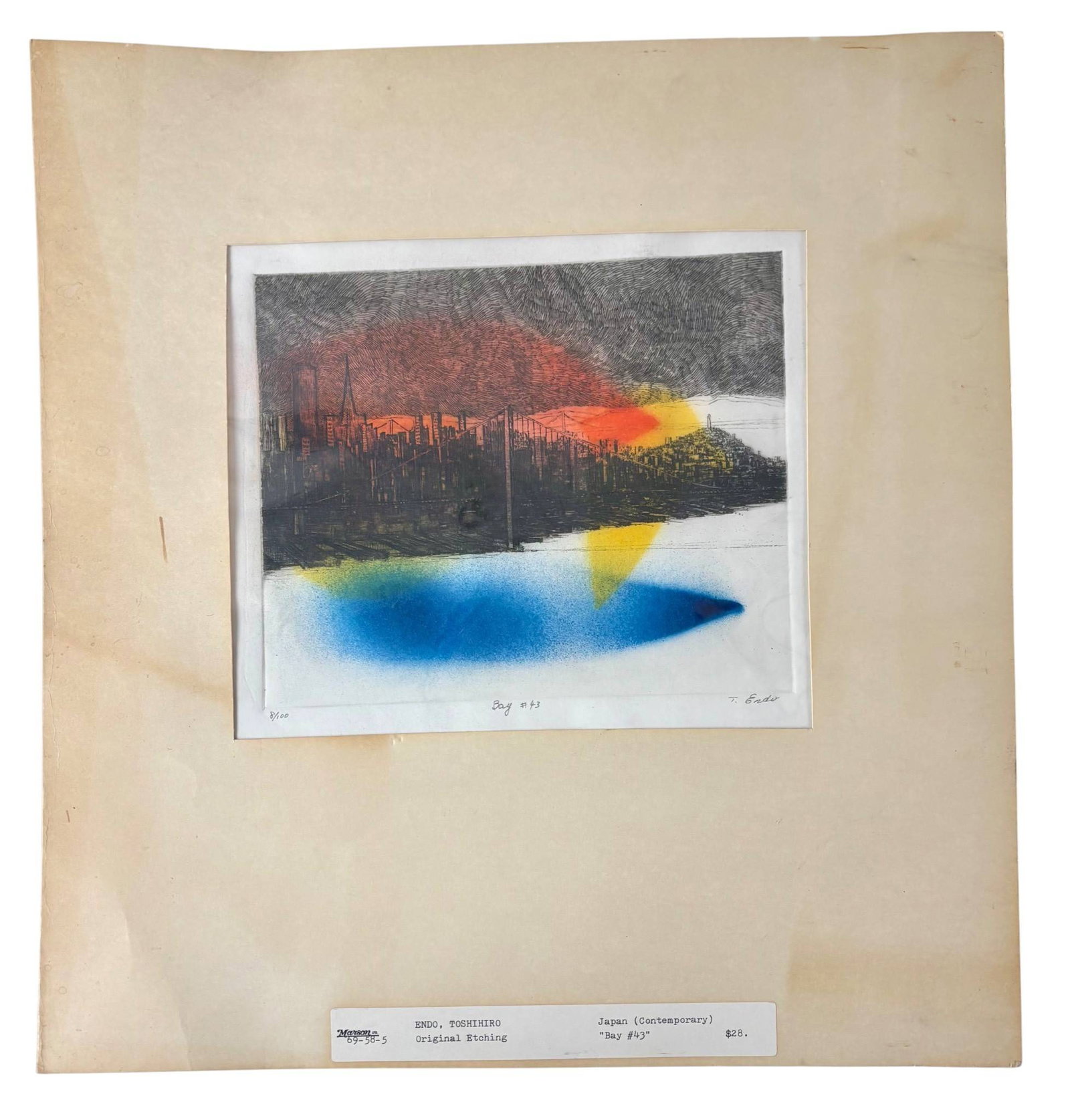 Toshihiro Endo Signed and Numbered Original Etching: Etching on paper by Japanese artist Toshihiro Endo, titled Day of 2. This piece features a cityscape with a bridge enhanced by vibrant yellow, orange, and blue colors set against detailed black linewo