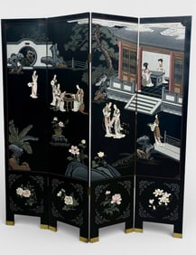 Four Panel Black Lacquer Screen with Chinese Scenic Motifs