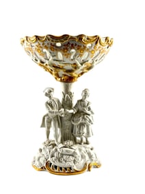 Capodimonte Italy Porcelain Compote with Figures and Gilt Details
