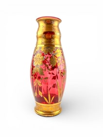 Moser Gilt and Ruby Glass Vase with Floral Enameling