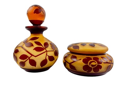 Daum Nancy Cameo Glass Perfume Bottle and Lidded Powder Jar