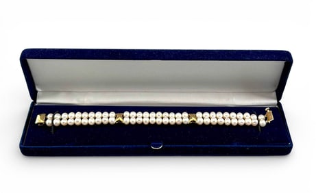 14k Gold and Double Strand Cultured Pearl Bracelet