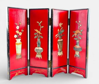 Asian Four Panel Lacquer Folding Screen With Floral Inlay