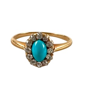 14k Gold Ring with Turquoise Cabochon and Diamond Halo