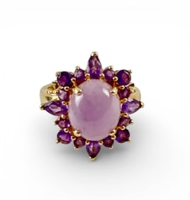 14K Gold Cocktail Ring with Oval Amethyst Cabochon and Halo