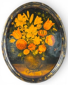 English Oval Toleware Printed and Painted  Victorian Tray