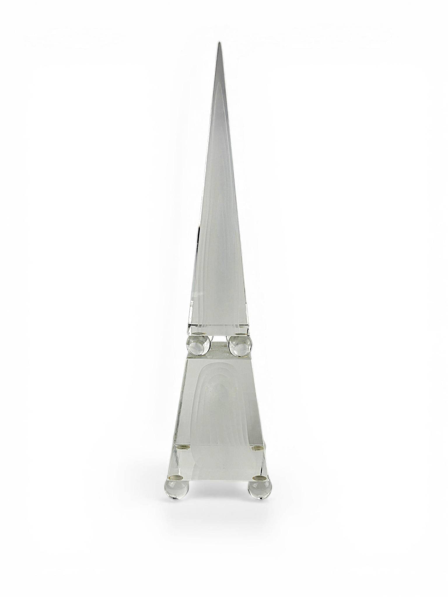 Stefano Toso Murano Glass Obelisk Murano Italy: Stefano Toso Murano glass obelisk featuring a tapered design with spherical accents between the upper and lower sections, and resting on four spherical feet. Signed S. Toso Murano on the base. The