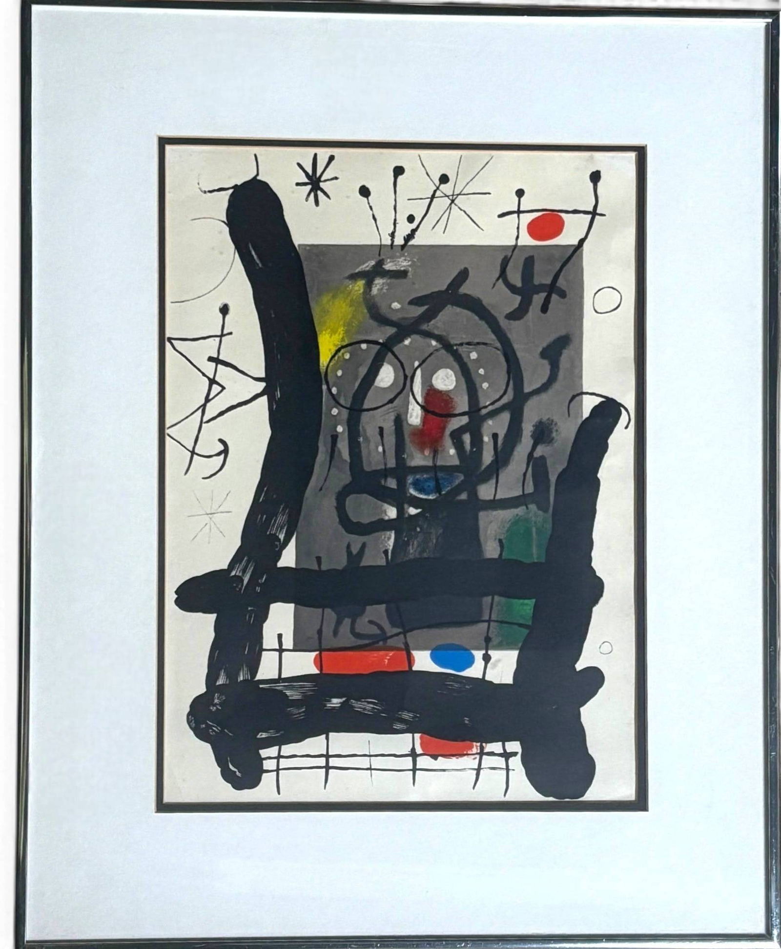 Composition VIII Color Lithograph by Joan Miro with COA: Color lithograph titled Composition VIII by Spanish artist Joan Miro from Derriere le Miroir. The work features abstract forms, bold black strokes, vibrant red, blue, yellow, and green elements, and