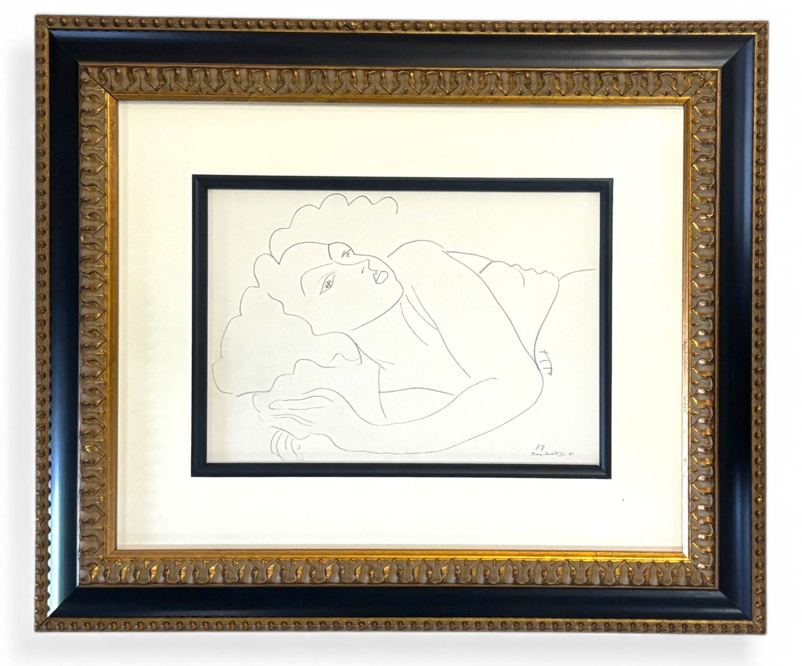 Henri Matisse Femme Au Repos 1943 Lithograph in Gilt Frame: Original lithograph by Henri Matisse French, 1869 -1954 titled Femme Au Repos, executed in 1943. The artwork is signed and dated in the plate lower right. The lithograph is rendered in black on ivory