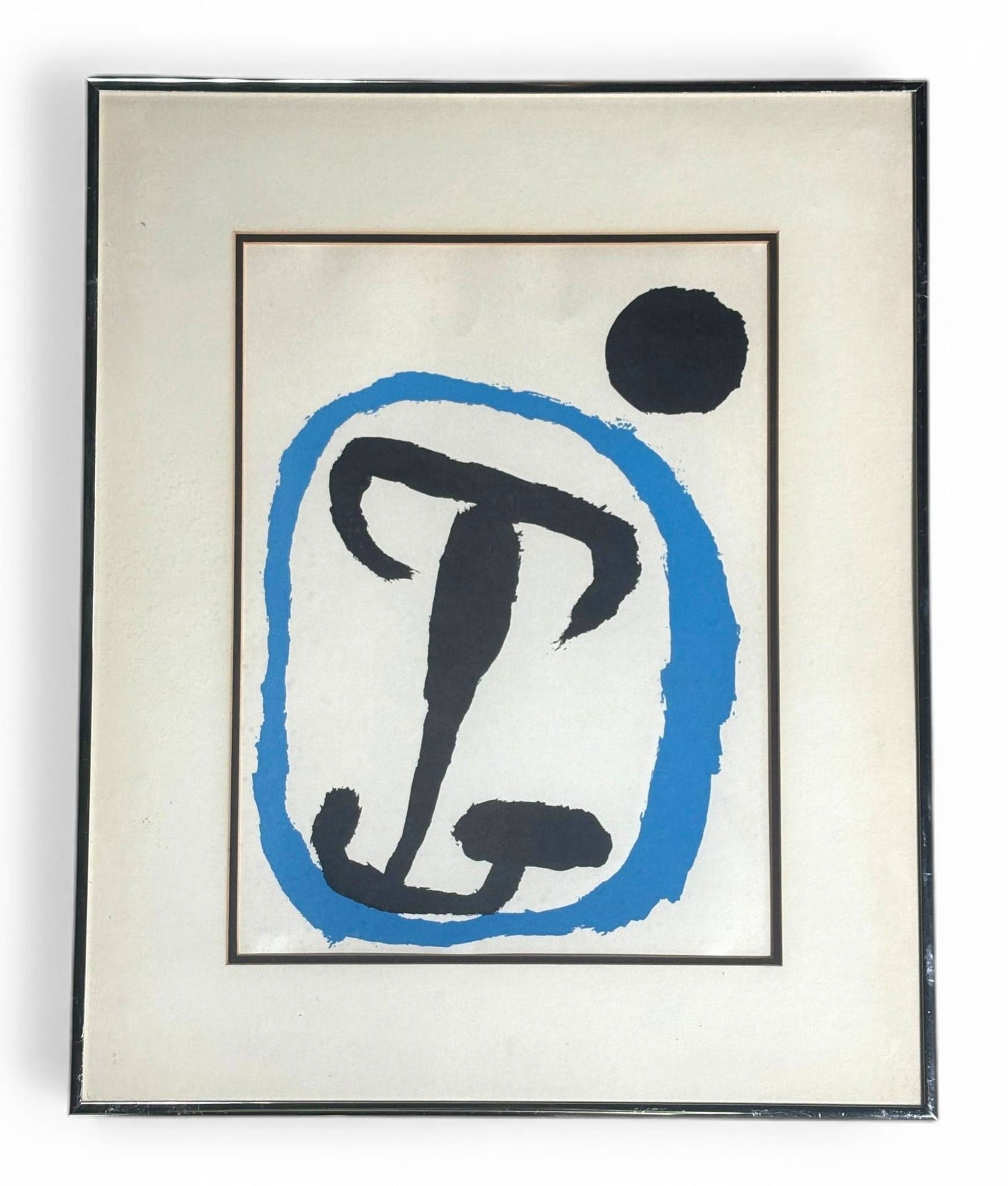 Joan Miro Signed Lithograph Miroir with COA: Lithograph entitled Miroir by Joan Miro, signed and documented. The abstract artwork features Miros signature black and blue gestural design elements, printed on paper mounted within a black metal