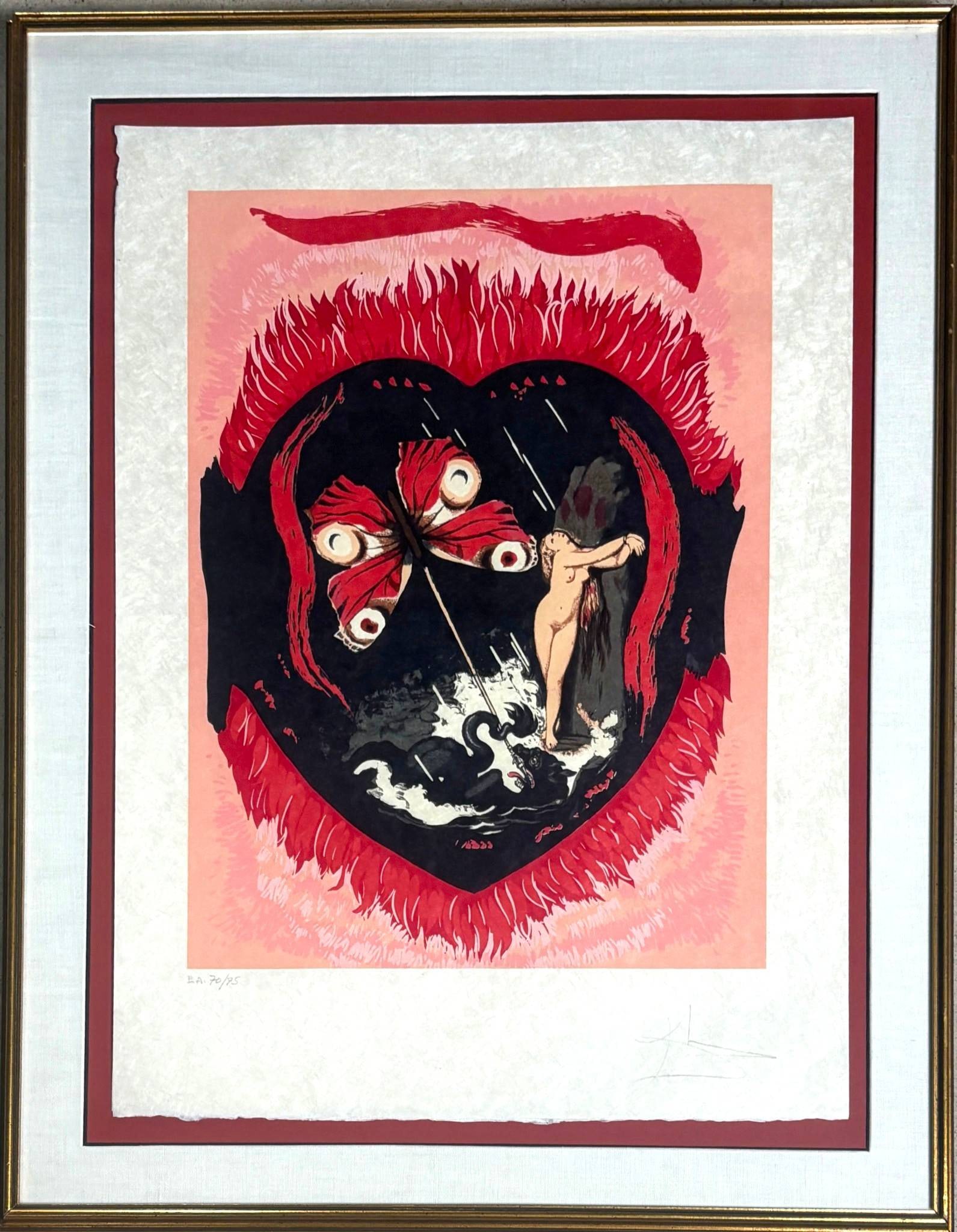 Salvador Dali Triomphe de l Amour Portfolio Lithographs E.A.: Color lithograph portfolio titled Triomphe de l Amour by Salvador Dali?, hand signed in pencil in the lower margin and numbered E.A. 70 of 75. Japon Paper 1977. Features a surrealistic composition in