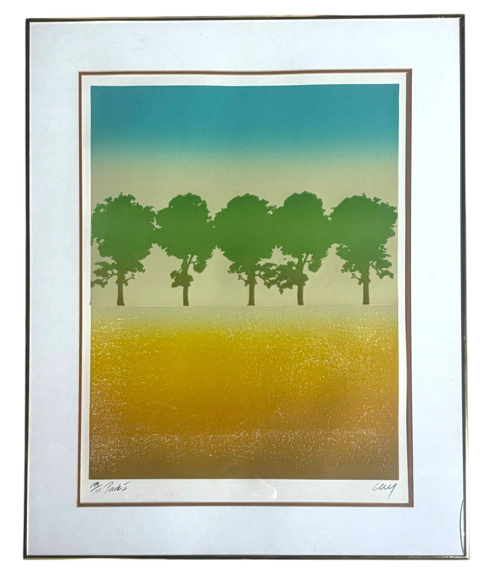 Cecy Park I Original Etching with COA: A framed limited edition etching titled Park I by artist Cecy. This piece is professionally framed under glass and features a vibrant landscape with green trees against a gradient from blue to golden