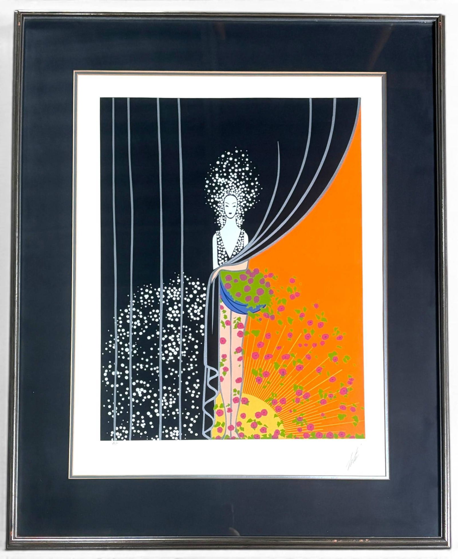 Erte Printemps Artist Proof Framed Lithograph: Erte Printemps artist proof lithograph showcasing his signature Art Deco style. Depicts a stylized woman emerging from curtains with vibrant floral and geometric motifs. Signed in pencil by Erte in th