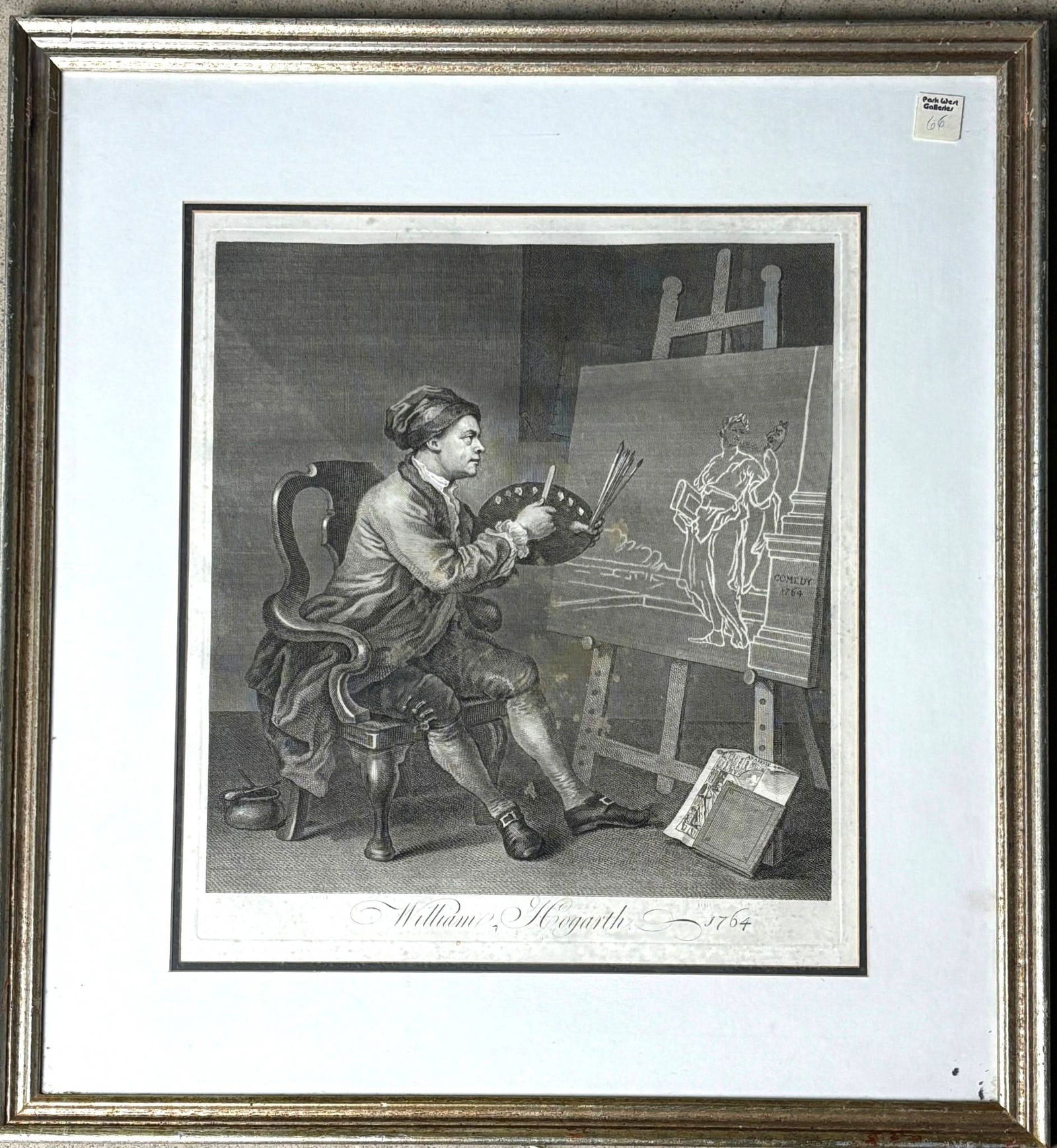 William Hogarth Steel Engraving Titled Hogarth with COA: William Hogarth steel engraving titled Hogarth, dated 1764. The engraving depicts an artist at work and is accompanied by a Certificate of Authenticity from Park West Gallery. The piece shows