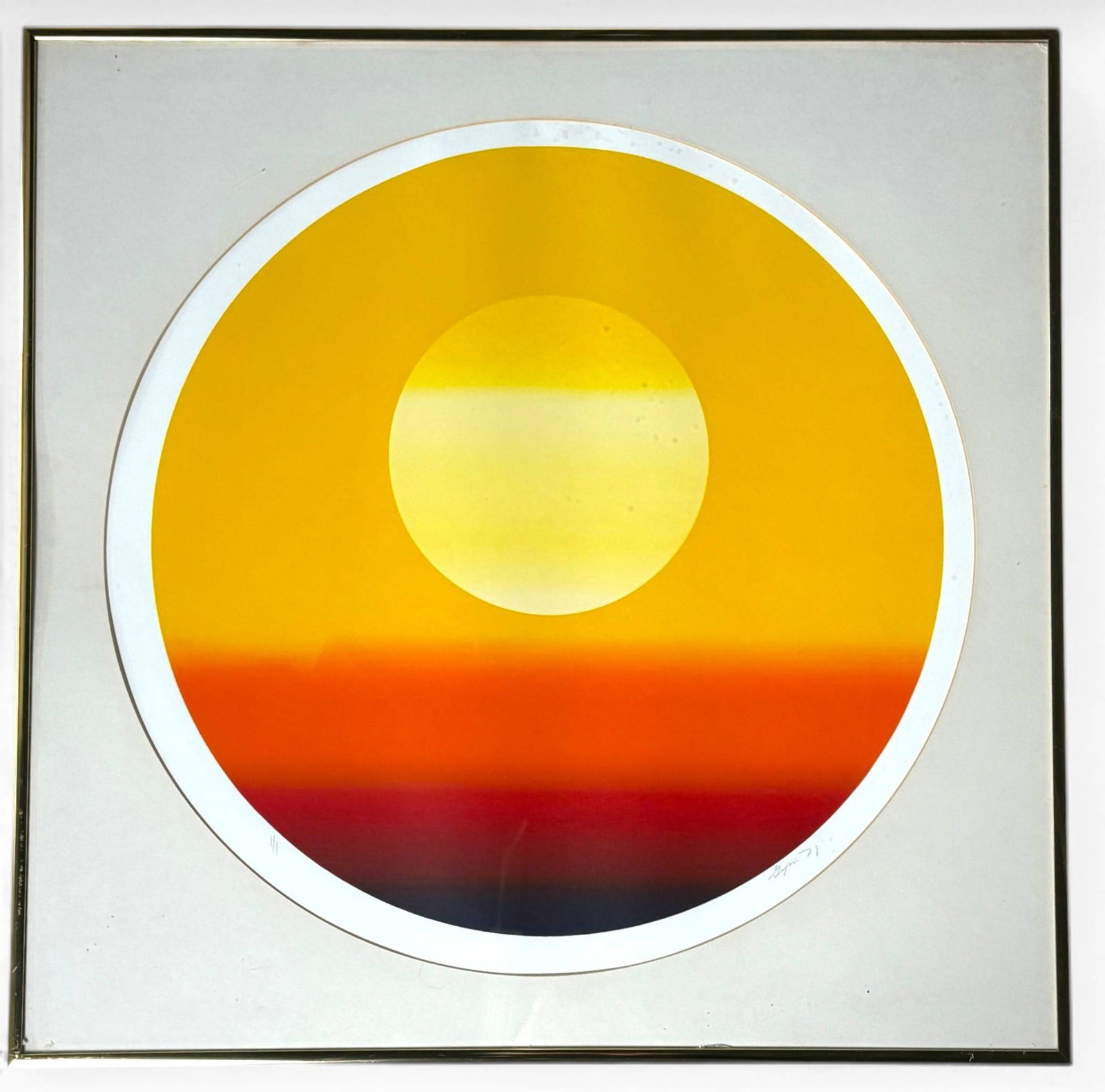 Kirsten Gipson Small Variety Signed Serigraph with COA: Signed serigraph titled Small Variety by Kirsten Gipson, featuring a abstract sunset composition of concentric circles in shades of yellow, orange, and red. Matted and presented in a brass tone metal