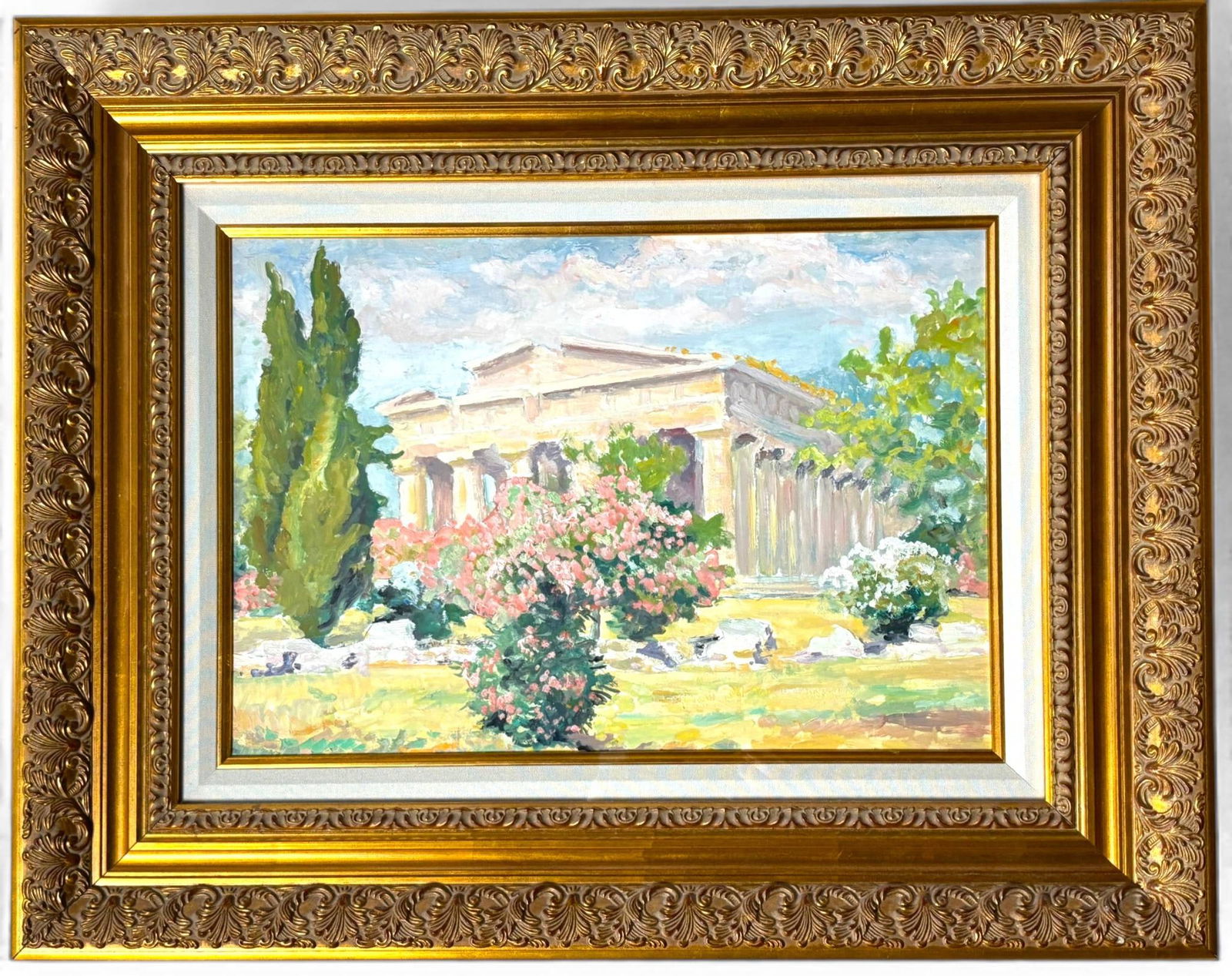 Andre Vignoles Oil Painting, Le Temple de Poseidon a Paestum: Original oil on paper by Andre Vignoles titled Le Temple de Poseidon a Paestum. The artwork features a vibrant landscape depicting the iconic ancient Greek temple surrounded by lush greenery and pink