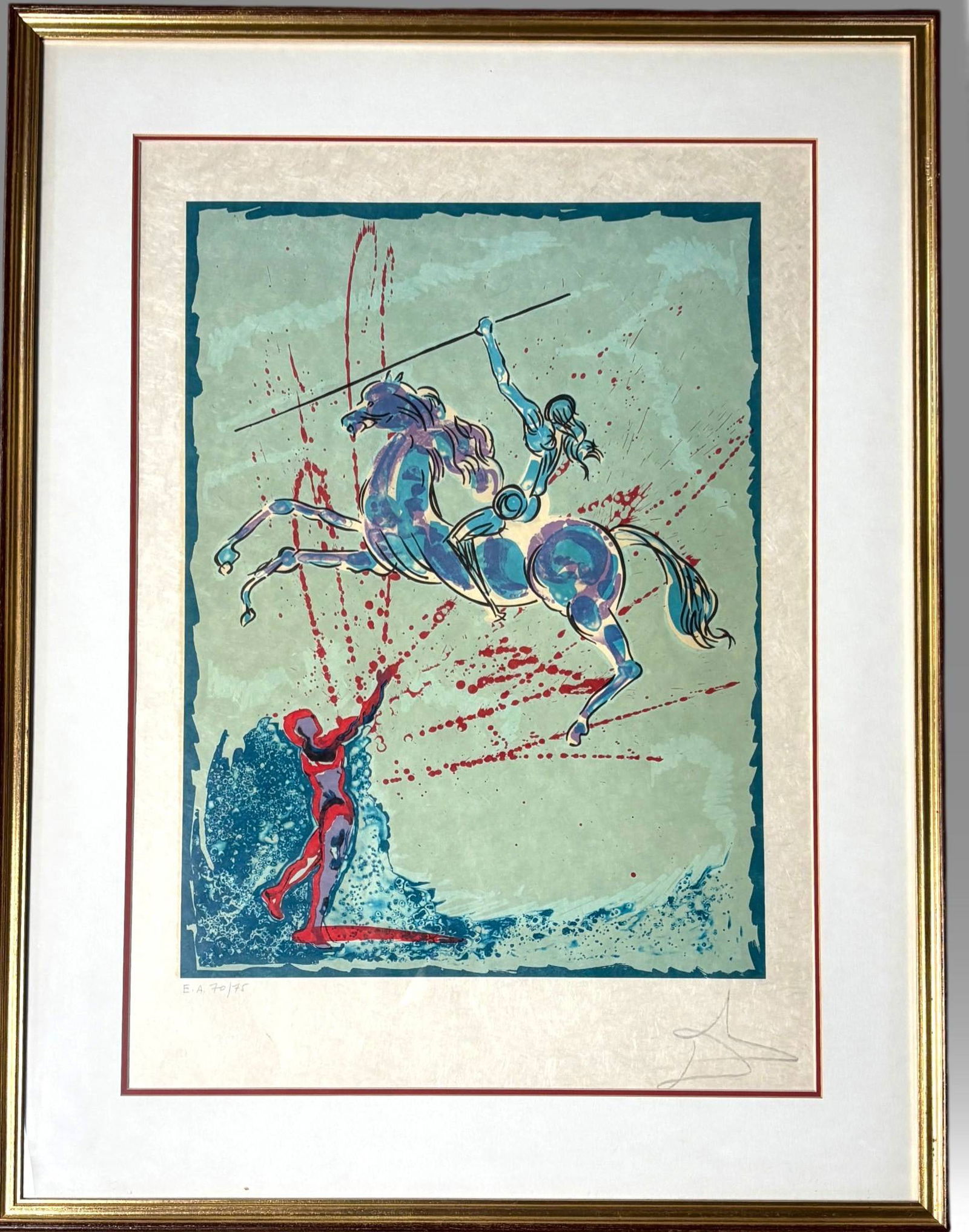 Salvador Dali Signed EA Lithograph Joan of Arc: Limited edition Salvador Dali lithograph titled Joan of Arc, number E.A. 70 of 75, signed in pencil by the artist. Rendered on Japon paper, the work features vivid hues and dynamic imagery typical of