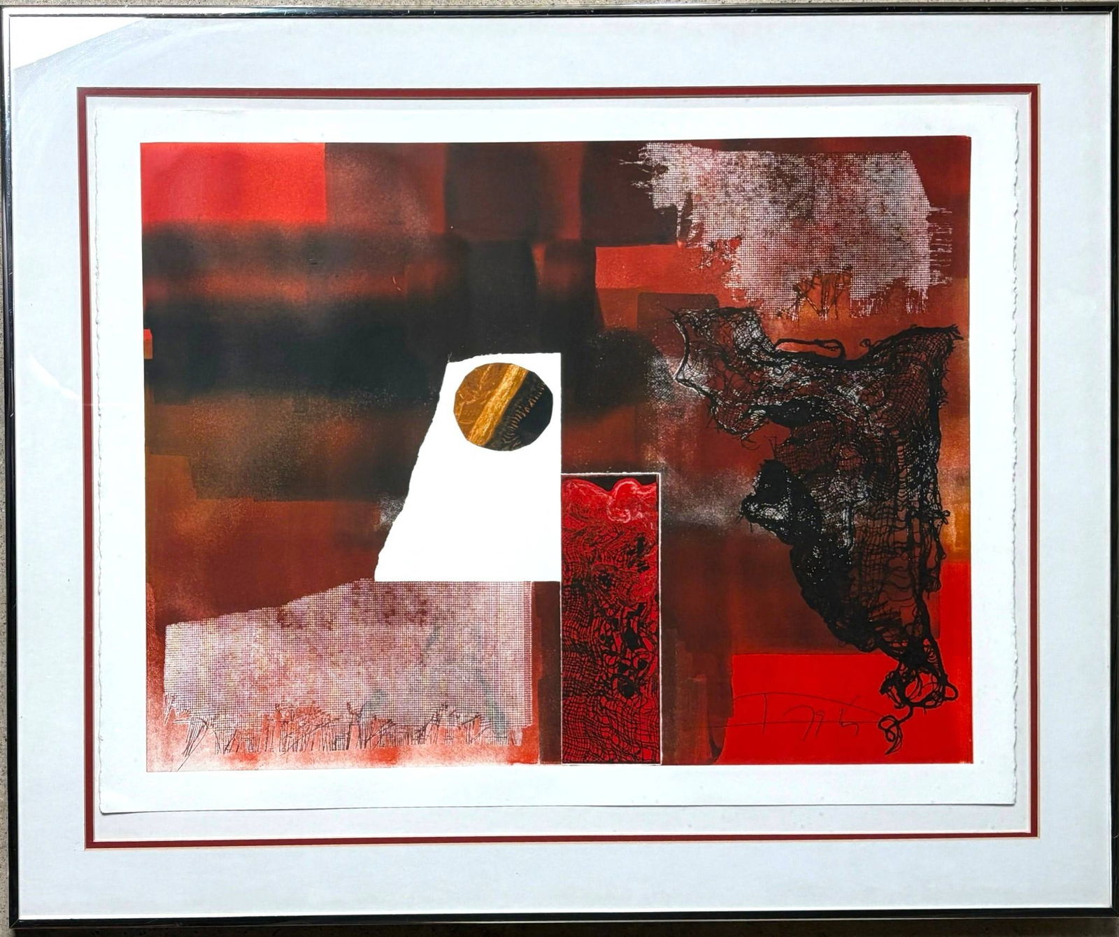 Untitled Lithograph by Lazlo Dus, Framed: Untitled lithograph by Lazlo Dus, showcasing a striking abstract composition with red, black, and orange tones and intricate textures. Signed by the artist in the lower portion. Housed in a metal fram