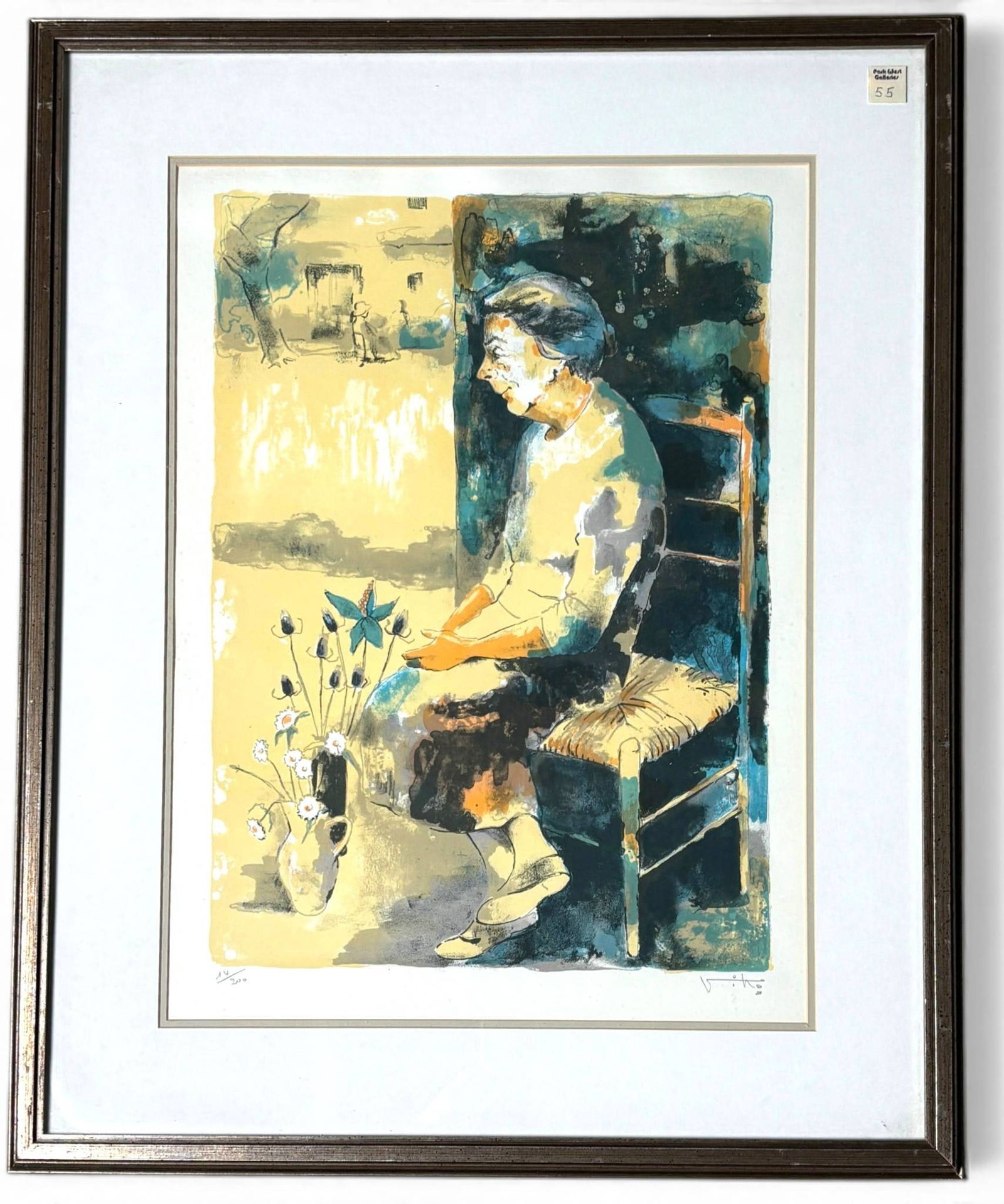 Viko Lithograph Woman with Flowers with COA: Original lithograph titled Woman with Flowers by artist Viko, depicting a seated woman with a vase of flowers against a vibrant background. Signed by the artist in the lower right and hand-numbered