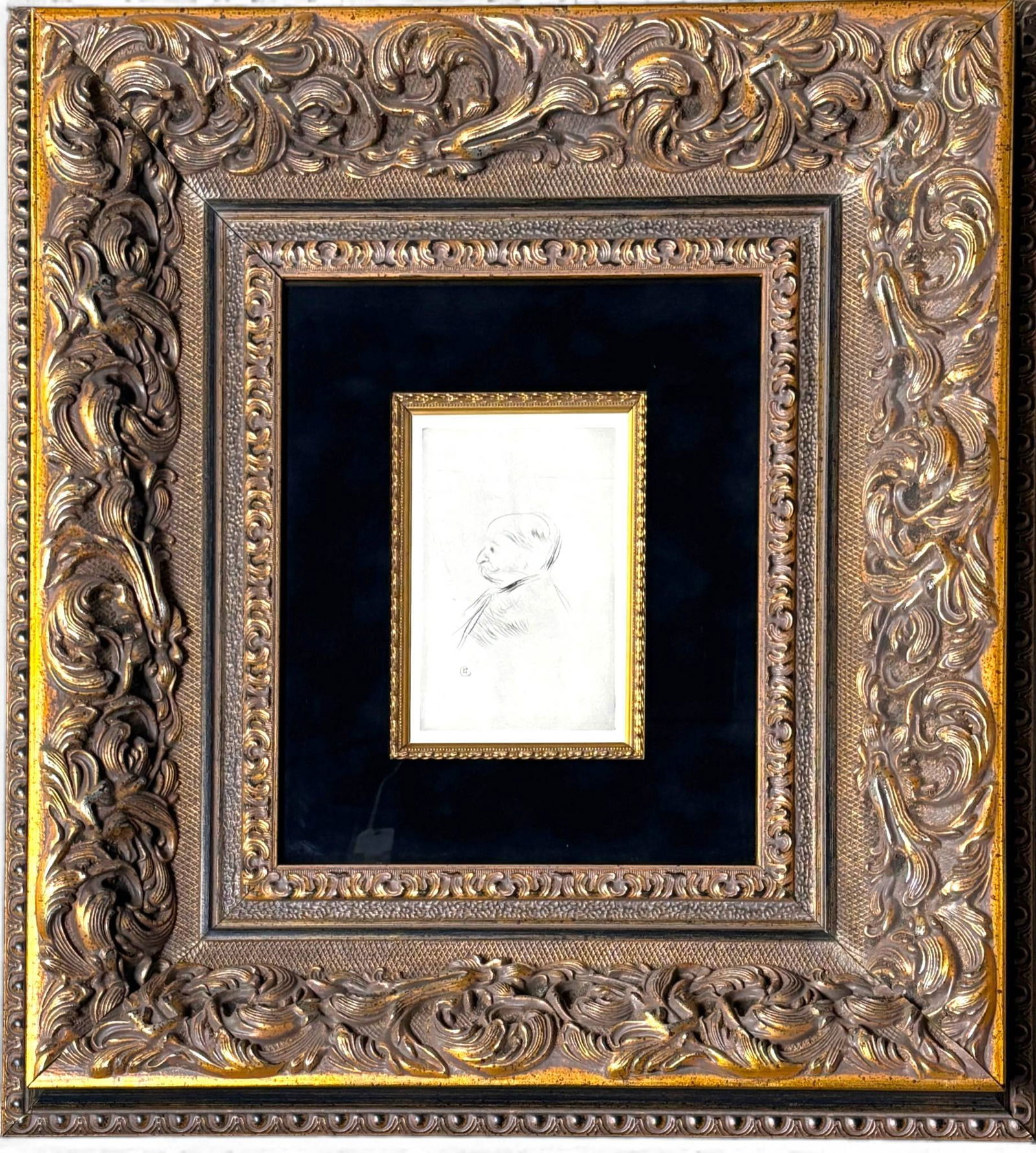 Henri de Toulouse Lautrec Etching Portrait De Monsieur X: Etching by Henri de Toulouse Lautrec titled Portrait De Monsieur X, depicting a profile portrait of a gentleman. Signed with the artists monogram stamp in the plate. Presented in an ornate gold toned