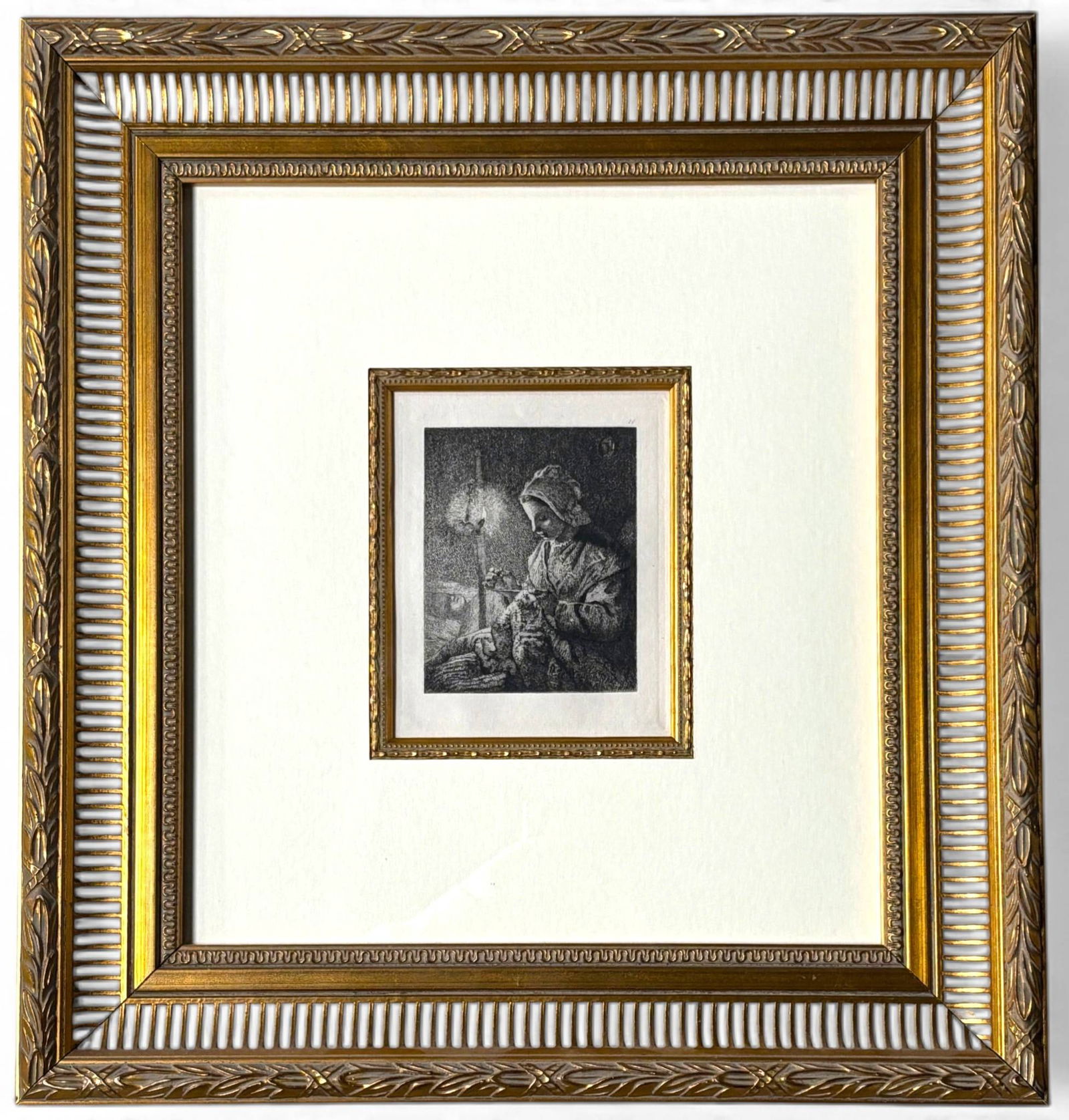 La Femme a la Lampe Etching Jean Francois Millet with COA: Etching titled La Femme a la Lampe Jean Francois Millet, created in black ink on watermarked laid paper. Hand pulled from the copper plate in Paris in its first printing in 1873. Depicts a woman illum