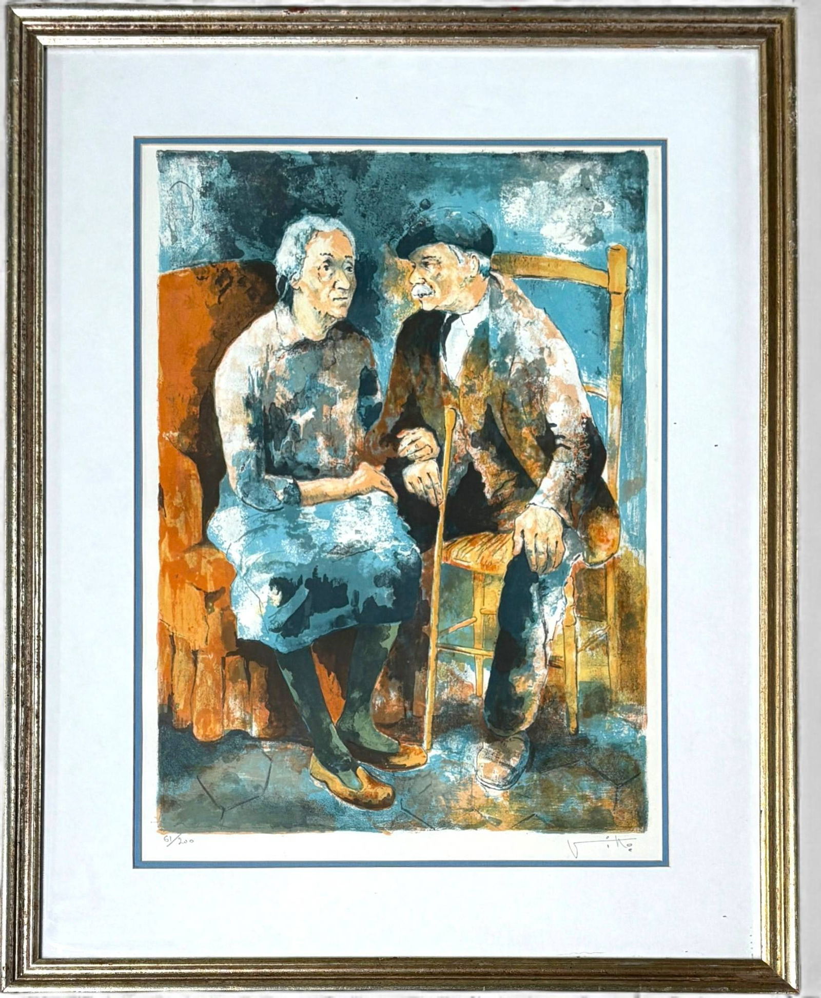 Signed Viko Love Color Lithograph with COA: Color lithograph titled Love by Viko, depicting an elderly couple seated in conversation. Hand signed by the artist in the lower margin and numbered 61 of 200. Includes certificate of authenticity fro
