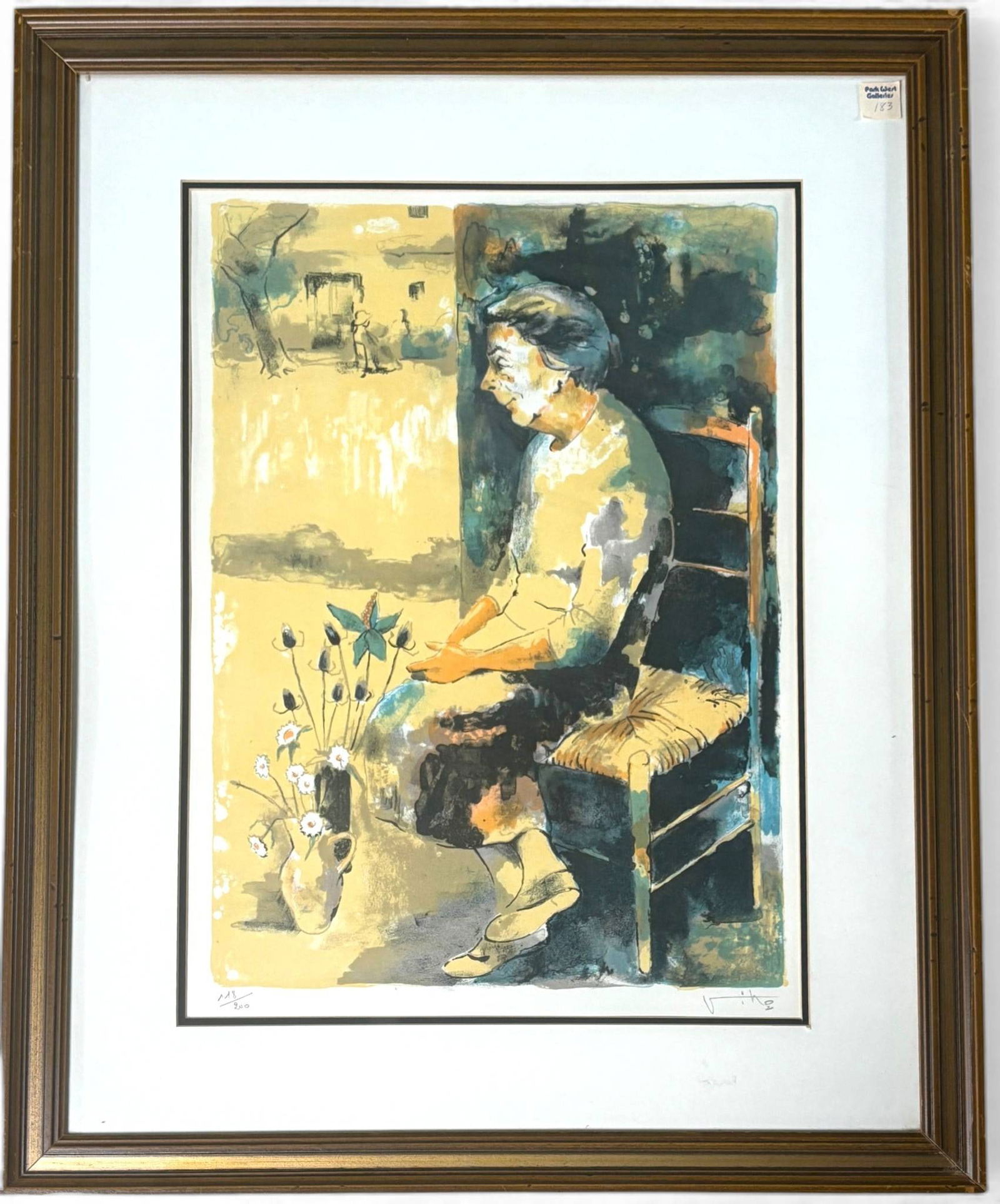 Victor Viko Woman and Flowers Signed Limited Edition Lithograph: Victor Viko signed limited edition lithograph titled Woman and Flowers, depicting a seated woman with a vase of flowers against an abstract background. Numbered 118 of 200 in the lower left and hand s