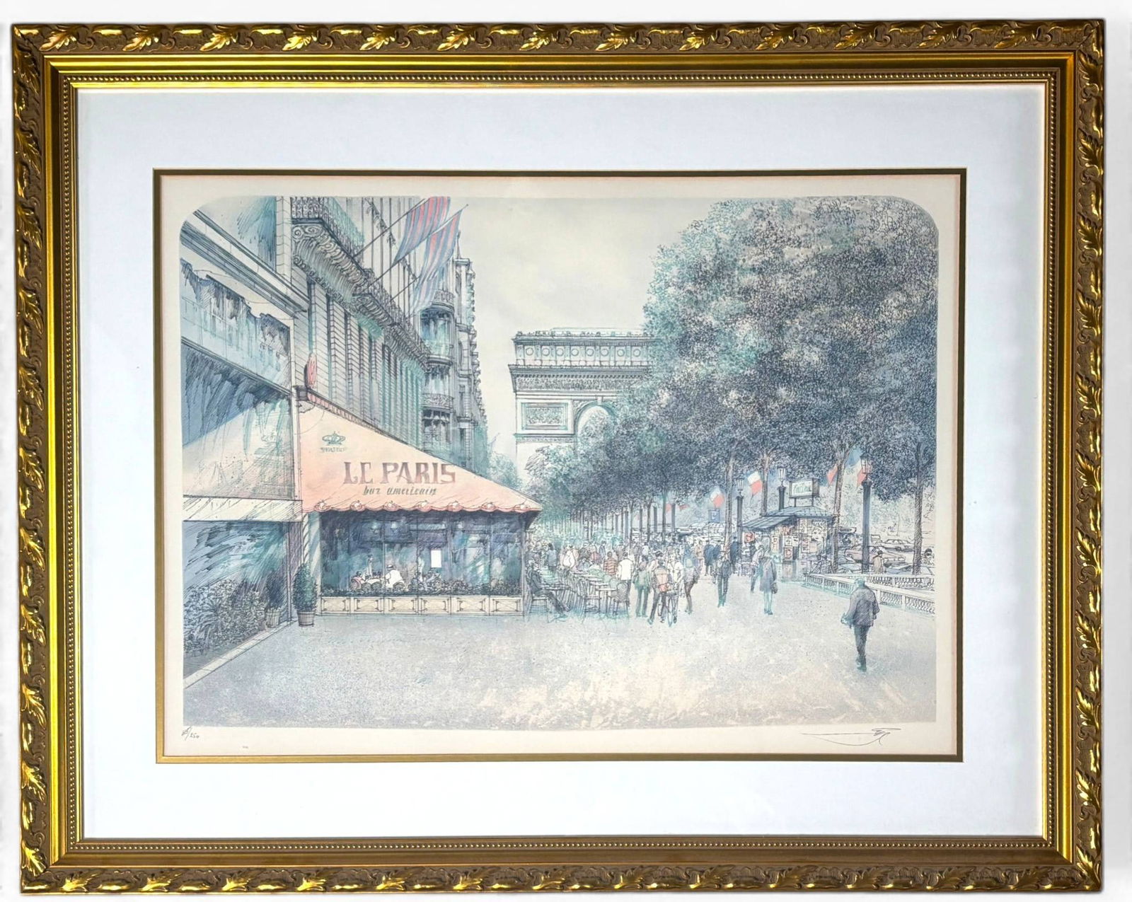 Roff Rafflewski Signed Lithograph Les Champs: Color lithograph by Roff Rafflewski titled Les Champs, depicting a Parisian streetscape with trees, figures, and a view of the Arc de Triomphe. Signed by the artist in the lower right corner and numbe